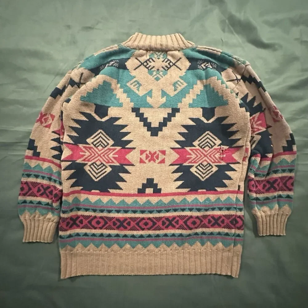 Vintage 80s Woods Gray Sweater Womens S Aztec Geometric Mock Neck Ramie Pullover